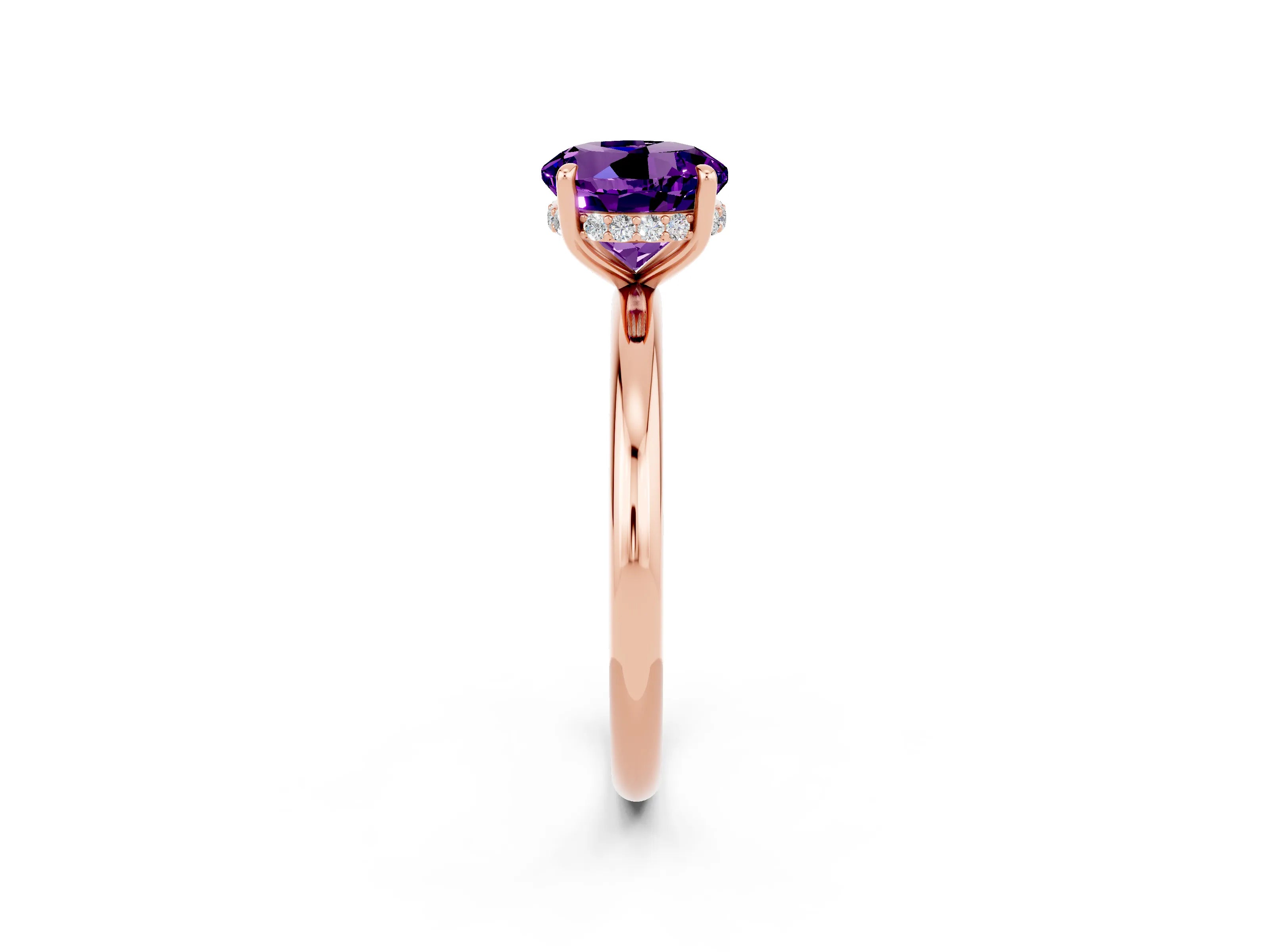 Rose gold Round Cut Amethyst Solitaire Ring with Thin Band and Four-Prong Setting_14