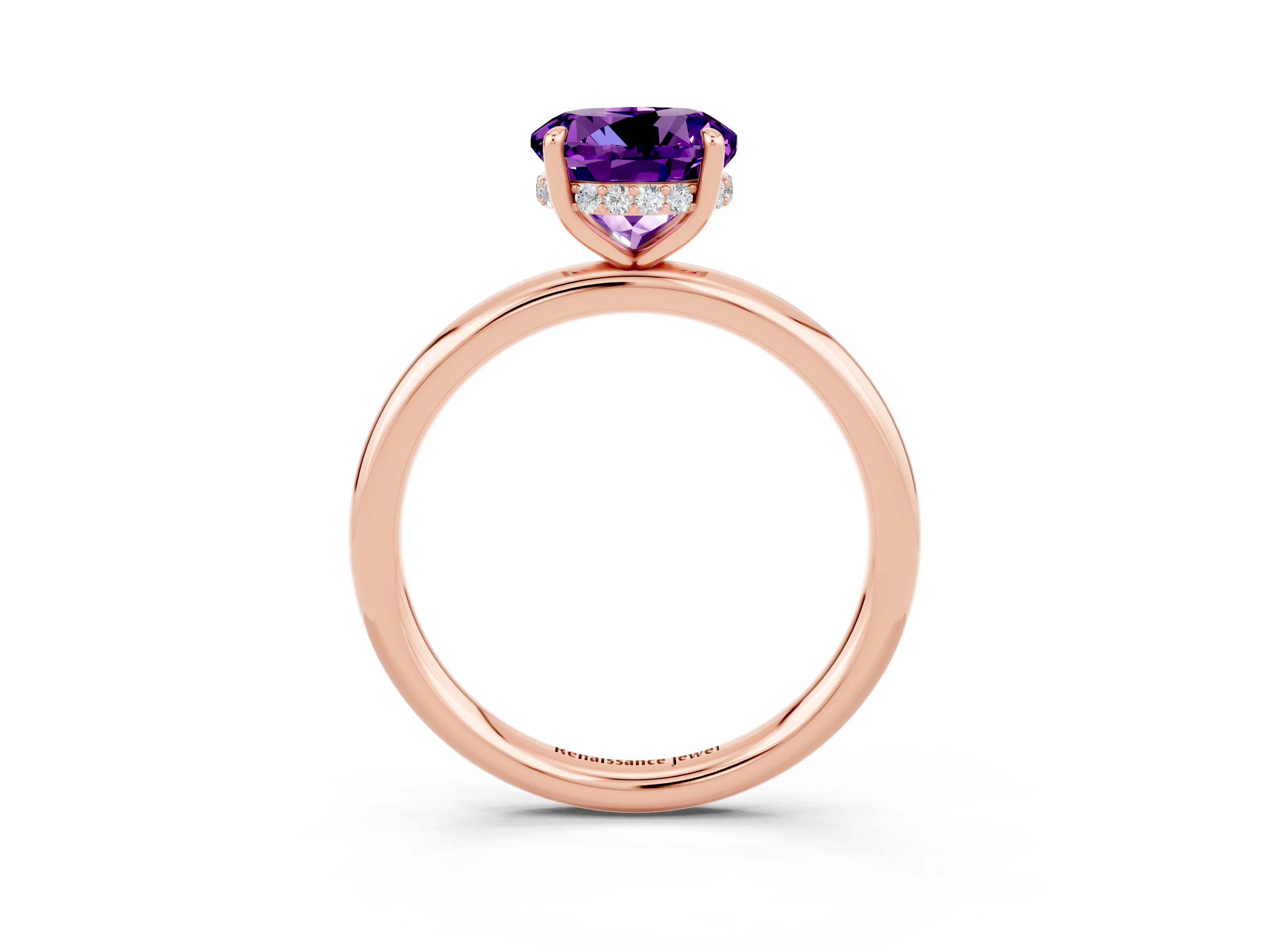 Rose gold Round Cut Amethyst Solitaire Ring with Thin Band and Four-Prong Setting_15
