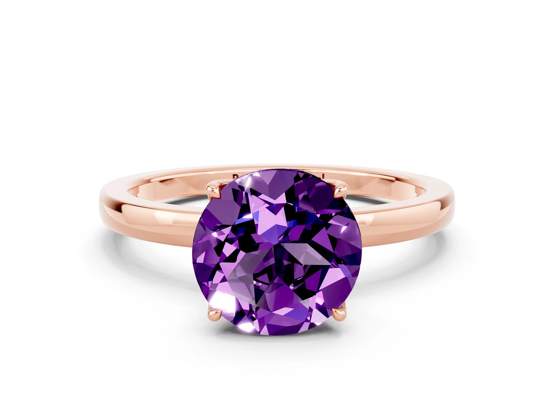 Rose gold Round Cut Amethyst Solitaire Ring with Thin Band and Prong Setting_12