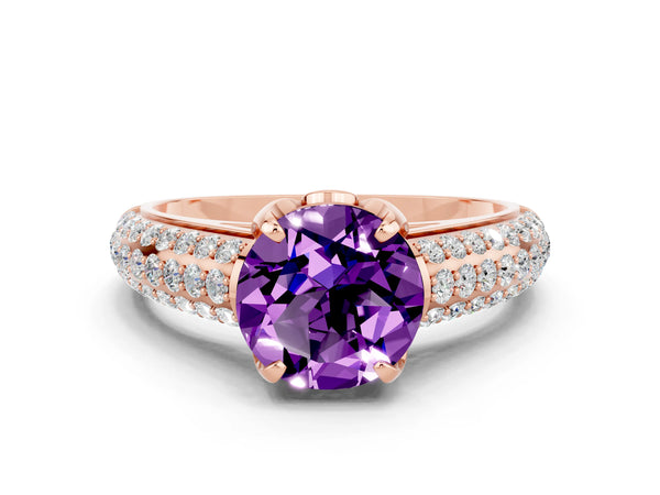 Rose gold Round Cut Amethyst Solitaire Ring with Three-Row Pavé Band and Four-Prong Setting