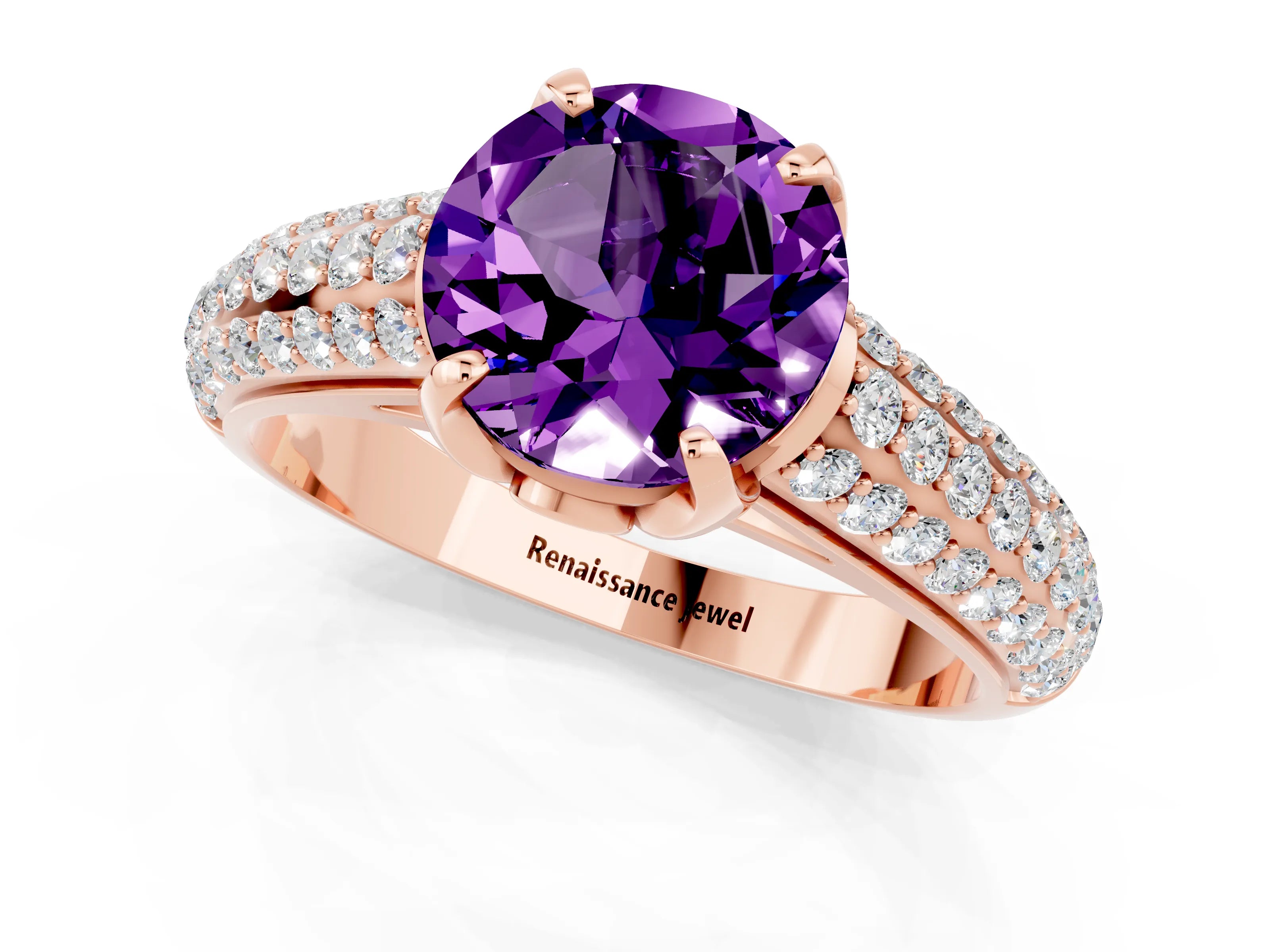 Rose gold Round Cut Amethyst Solitaire Ring with Three-Row Pavé Band and Four-Prong Setting_13