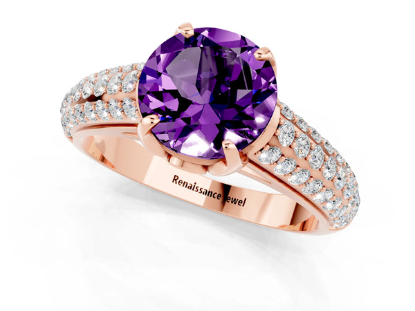 Rose gold Round Cut Amethyst Solitaire Ring with Three-Row Pavé Band and Four-Prong Setting