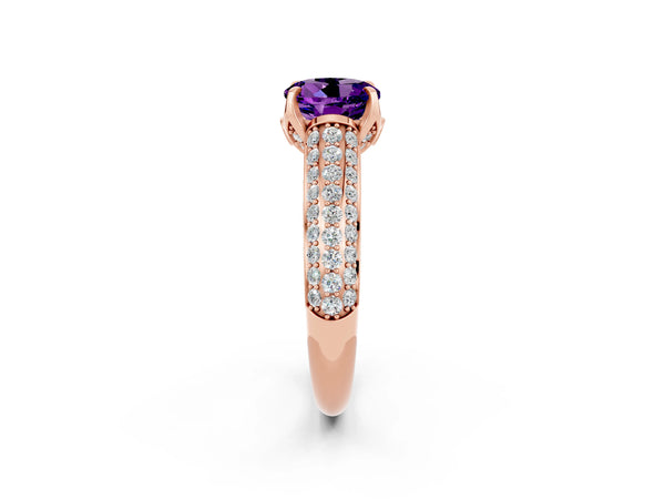 Rose gold Round Cut Amethyst Solitaire Ring with Three-Row Pavé Band and Four-Prong Setting