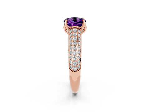 Rose gold Round Cut Amethyst Solitaire Ring with Three-Row Pavé Band and Four-Prong Setting_14