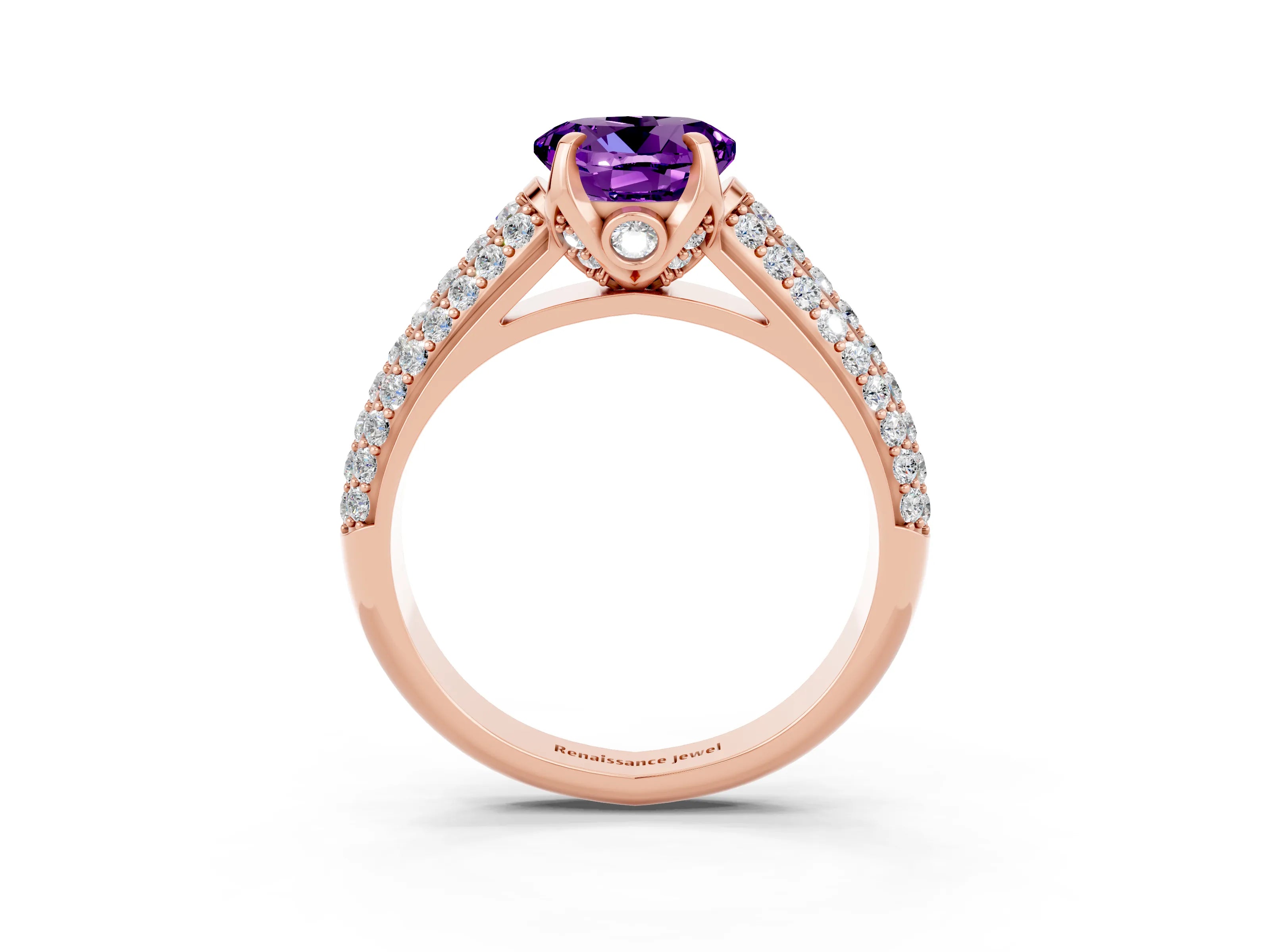 Rose gold Round Cut Amethyst Solitaire Ring with Three-Row Pavé Band and Four-Prong Setting_15