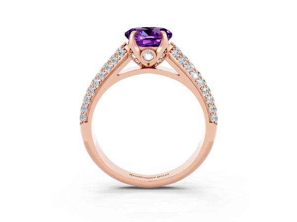Rose gold Round Cut Amethyst Solitaire Ring with Three-Row Pavé Band and Four-Prong Setting