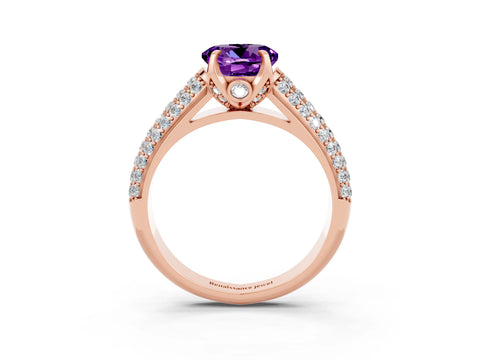 Rose gold Round Cut Amethyst Solitaire Ring with Three-Row Pavé Band and Four-Prong Setting_15
