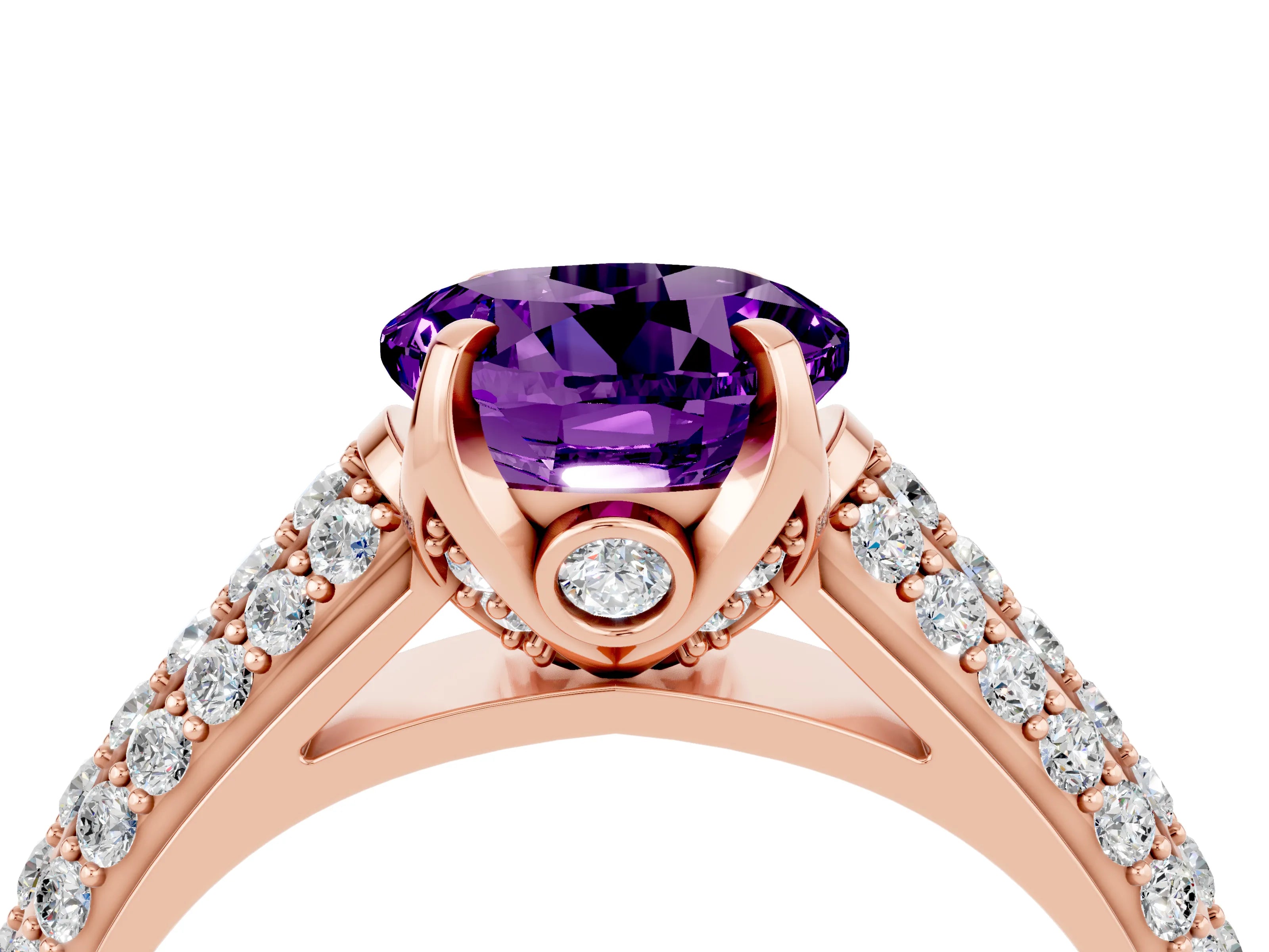 Rose gold Round Cut Amethyst Solitaire Ring with Three-Row Pavé Band and Four-Prong Setting_16
