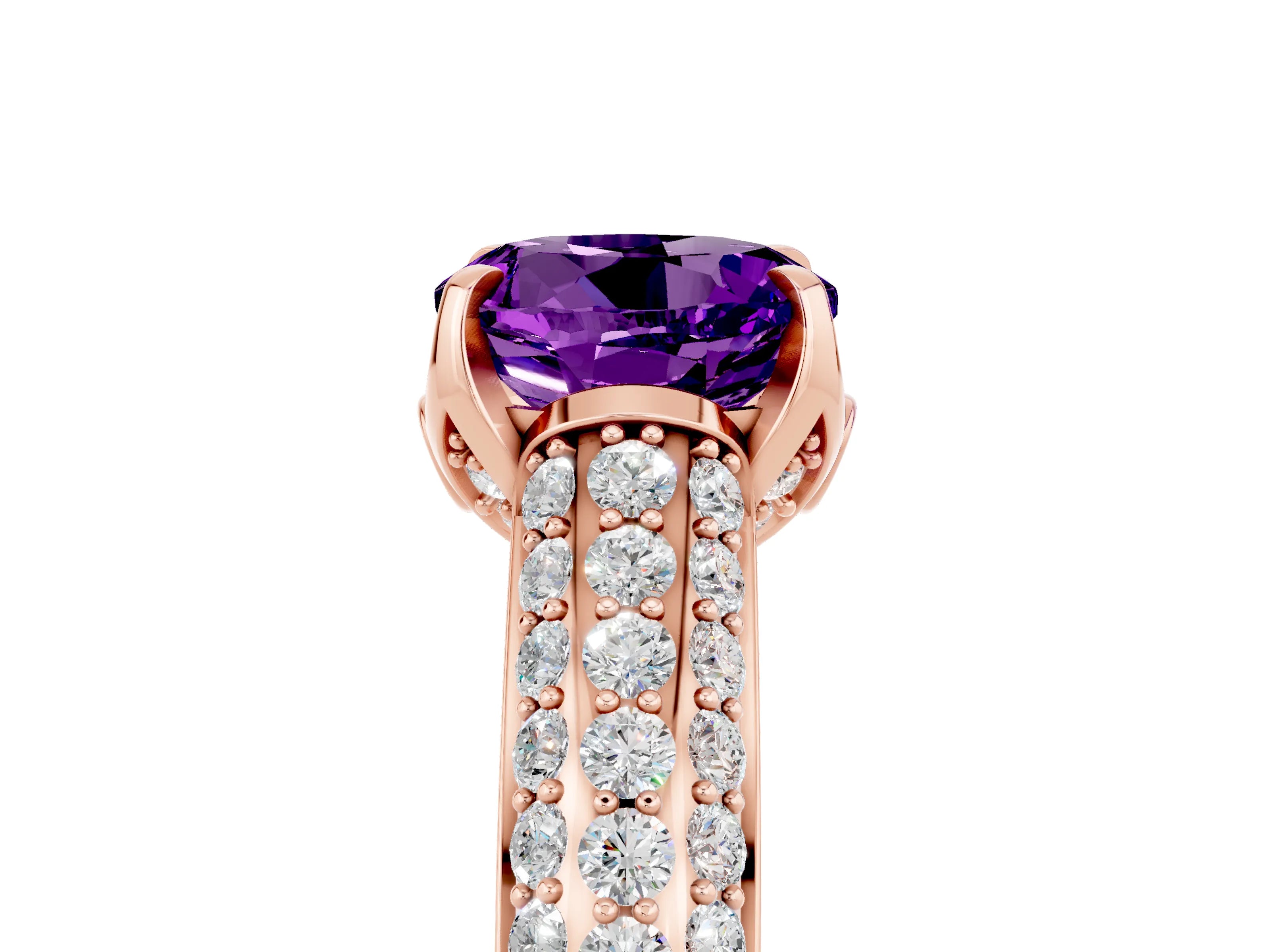 Rose gold Round Cut Amethyst Solitaire Ring with Three-Row Pavé Band and Four-Prong Setting_17