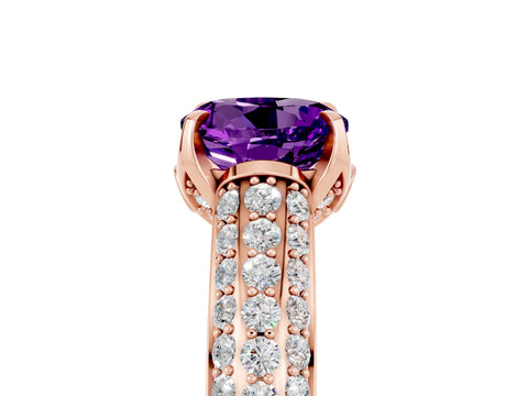 Rose gold Round Cut Amethyst Solitaire Ring with Three-Row Pavé Band and Four-Prong Setting_17