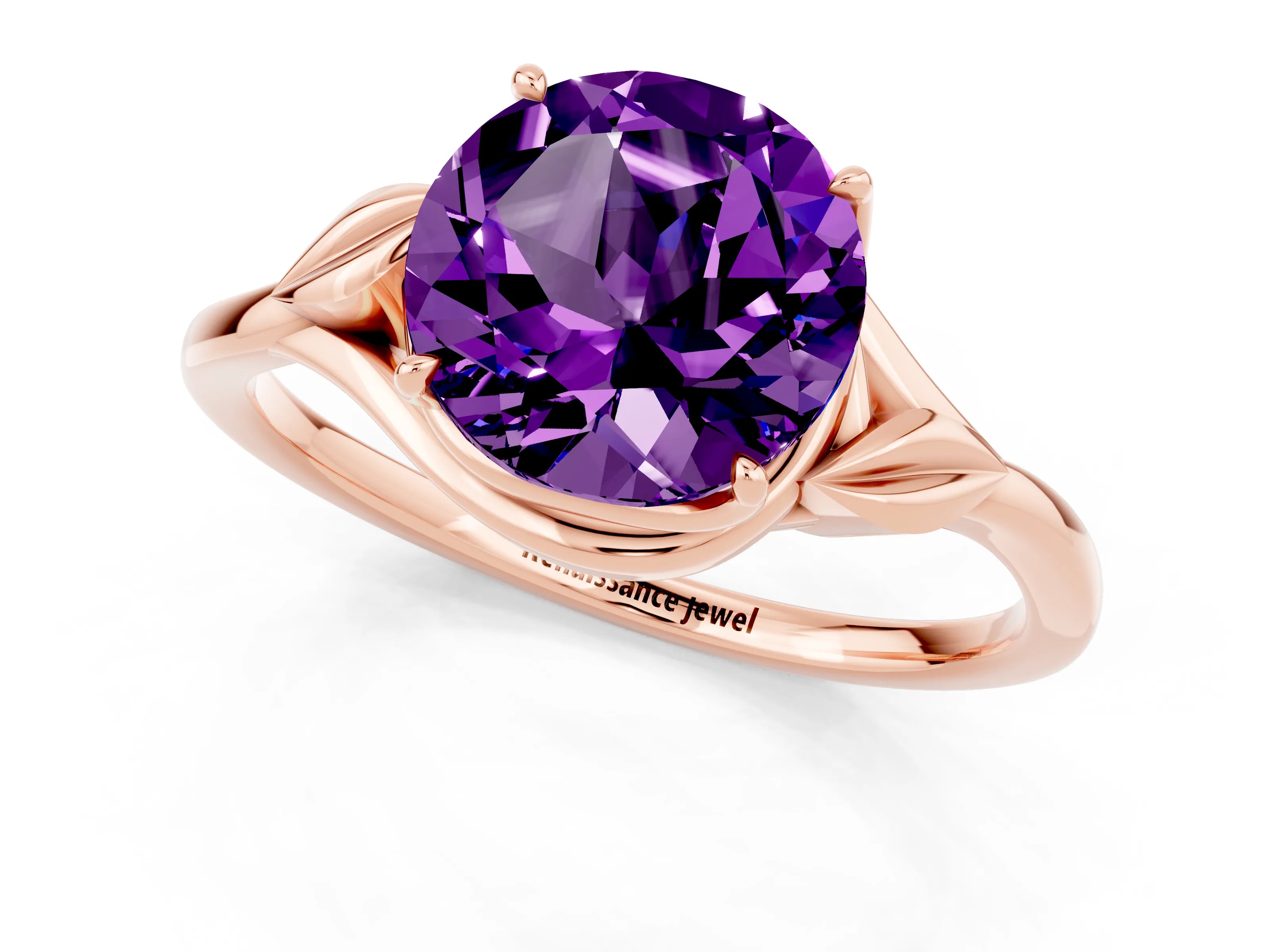 Rose gold Round Cut Amethyst Solitaire Ring with Twist Band and Four-Prong Setting_25