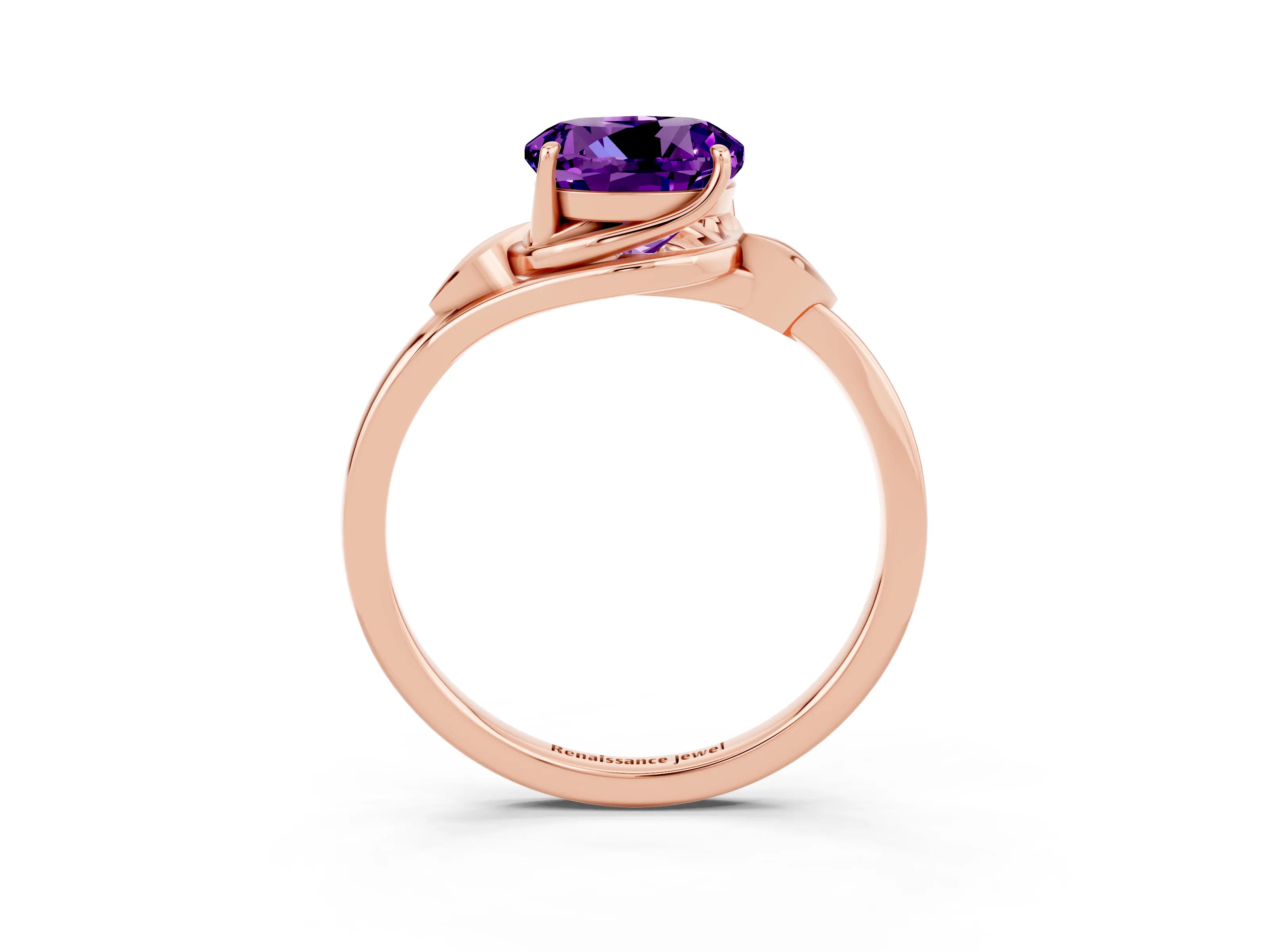 Rose gold Round Cut Amethyst Solitaire Ring with Twist Band and Four-Prong Setting_27