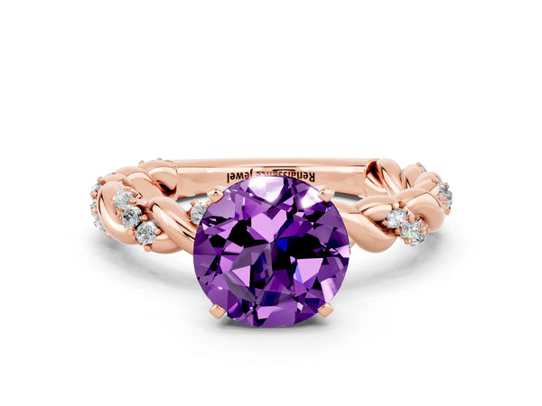 Rose gold Round Cut Amethyst Solitaire Ring with Twisted Band and Pavé Accents