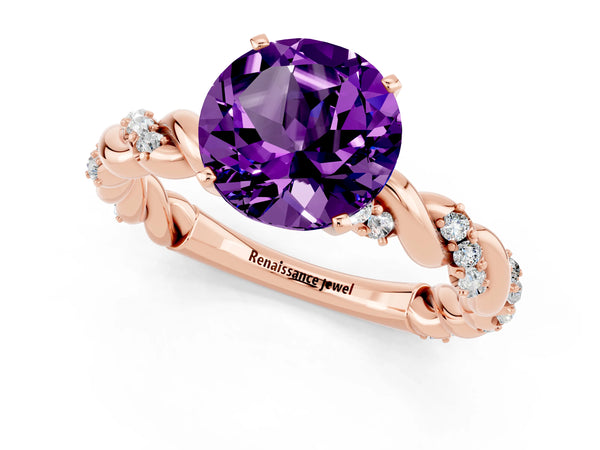 Rose gold Round Cut Amethyst Solitaire Ring with Twisted Band and Pavé Accents