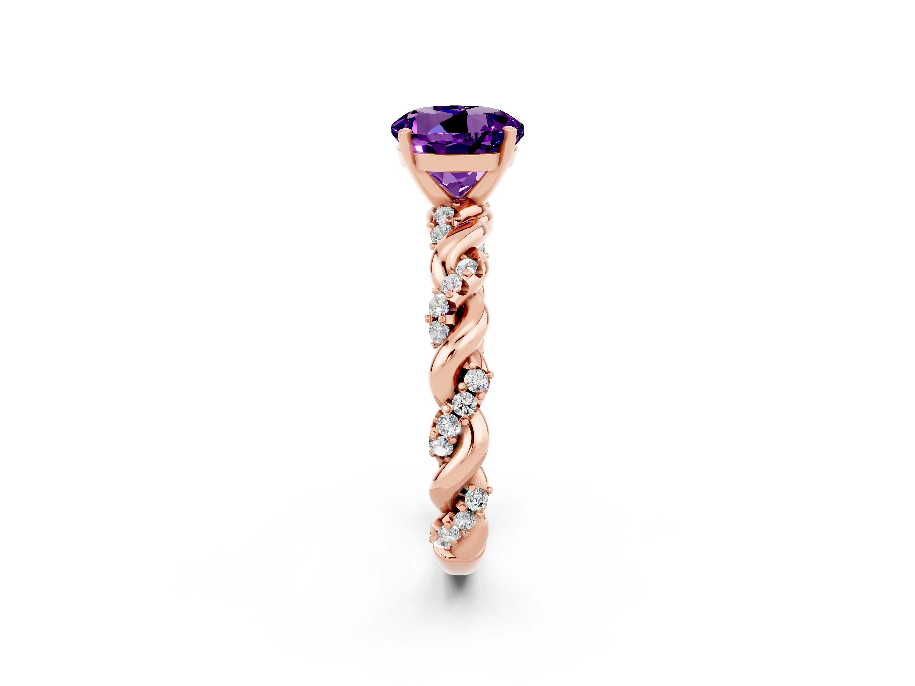 Rose gold Round Cut Amethyst Solitaire Ring with Twisted Band and Pavé Accents_2