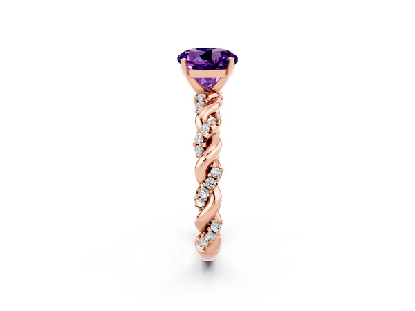 Rose gold Round Cut Amethyst Solitaire Ring with Twisted Band and Pavé Accents