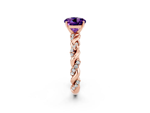 Rose gold Round Cut Amethyst Solitaire Ring with Twisted Band and Pavé Accents_2