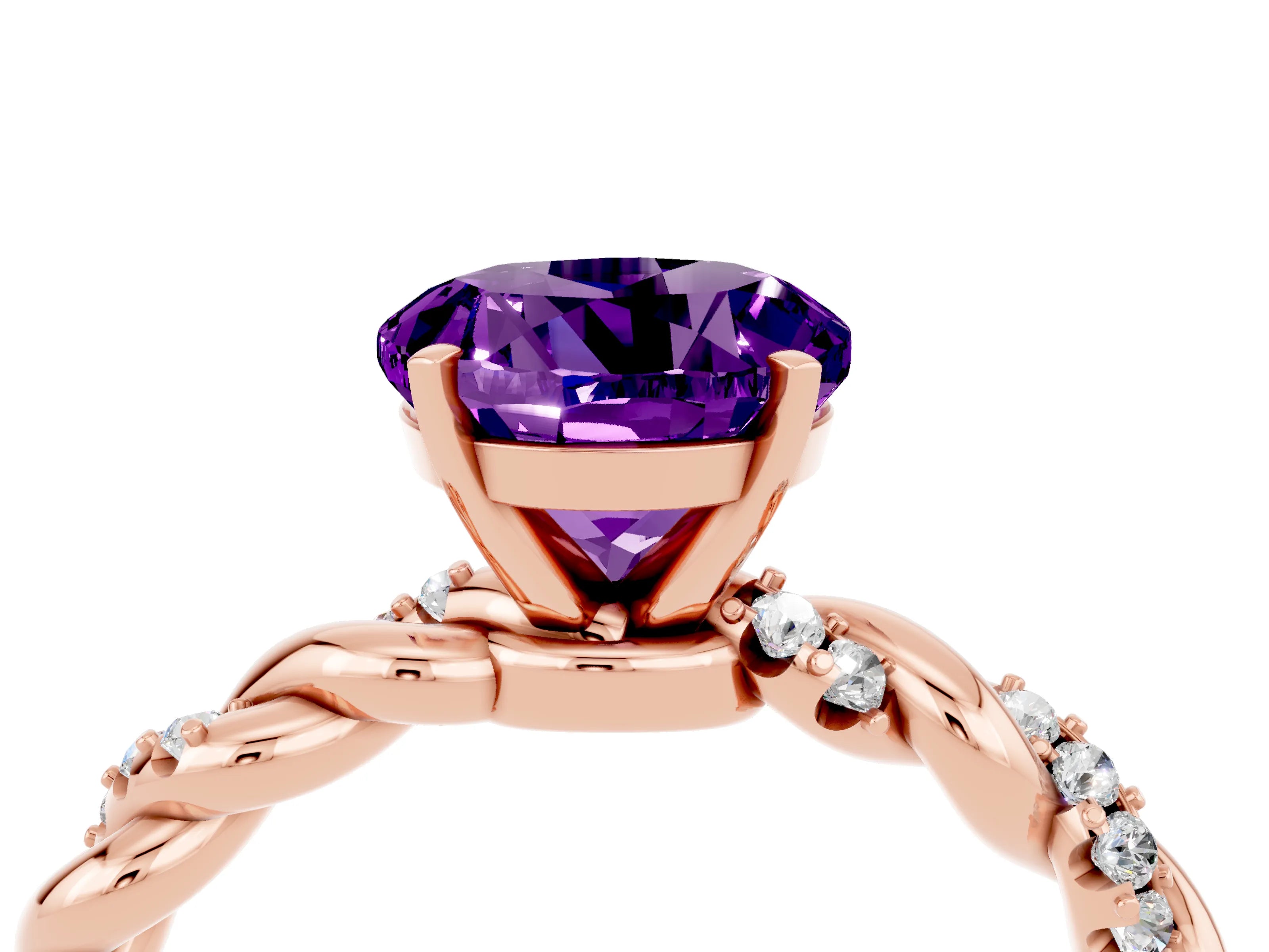 Rose gold Round Cut Amethyst Solitaire Ring with Twisted Band and Pavé Accents_4