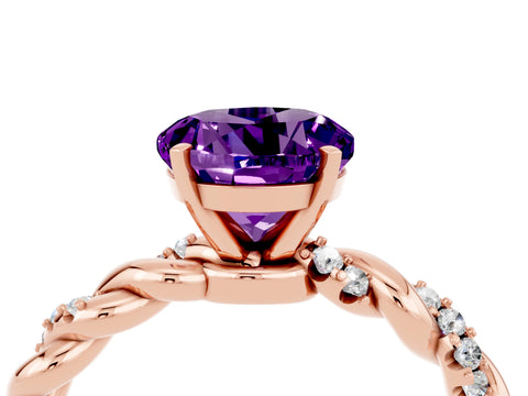 Rose gold Round Cut Amethyst Solitaire Ring with Twisted Band and Pavé Accents_4