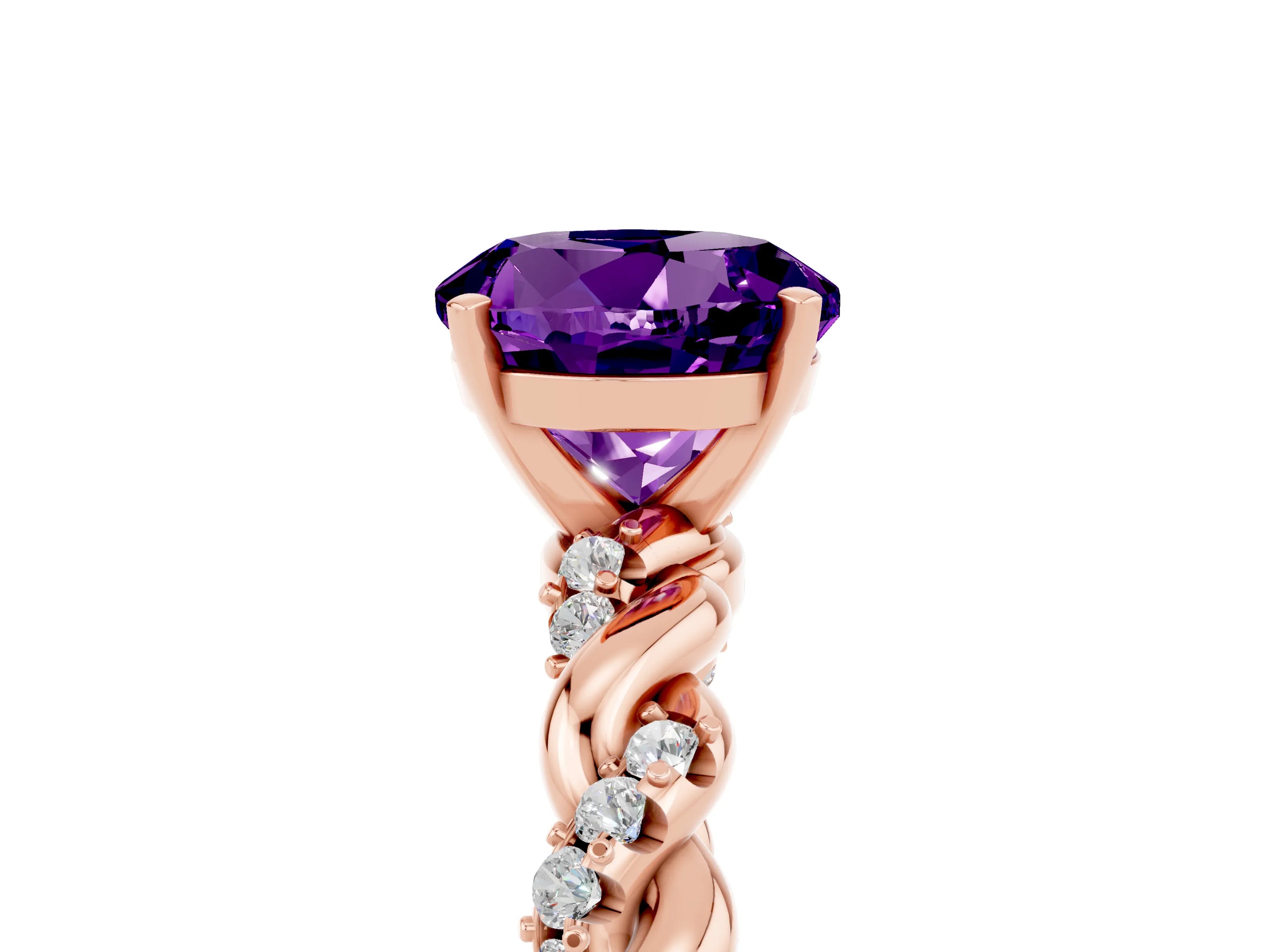 Rose gold Round Cut Amethyst Solitaire Ring with Twisted Band and Pavé Accents_5