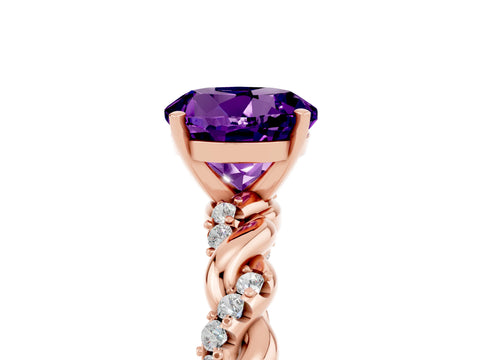 Rose gold Round Cut Amethyst Solitaire Ring with Twisted Band and Pavé Accents_5
