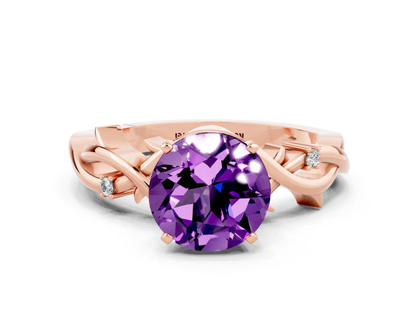 Rose gold Round Cut Amethyst Solitaire Ring with Twisted Band and Prong Setting