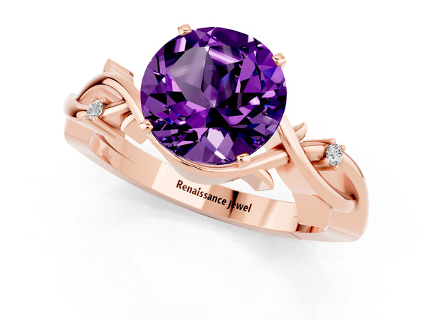 Rose gold Round Cut Amethyst Solitaire Ring with Twisted Band and Prong Setting