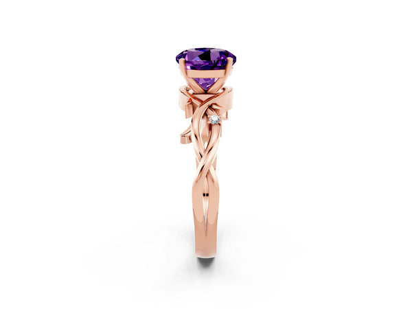 Rose gold Round Cut Amethyst Solitaire Ring with Twisted Band and Prong Setting