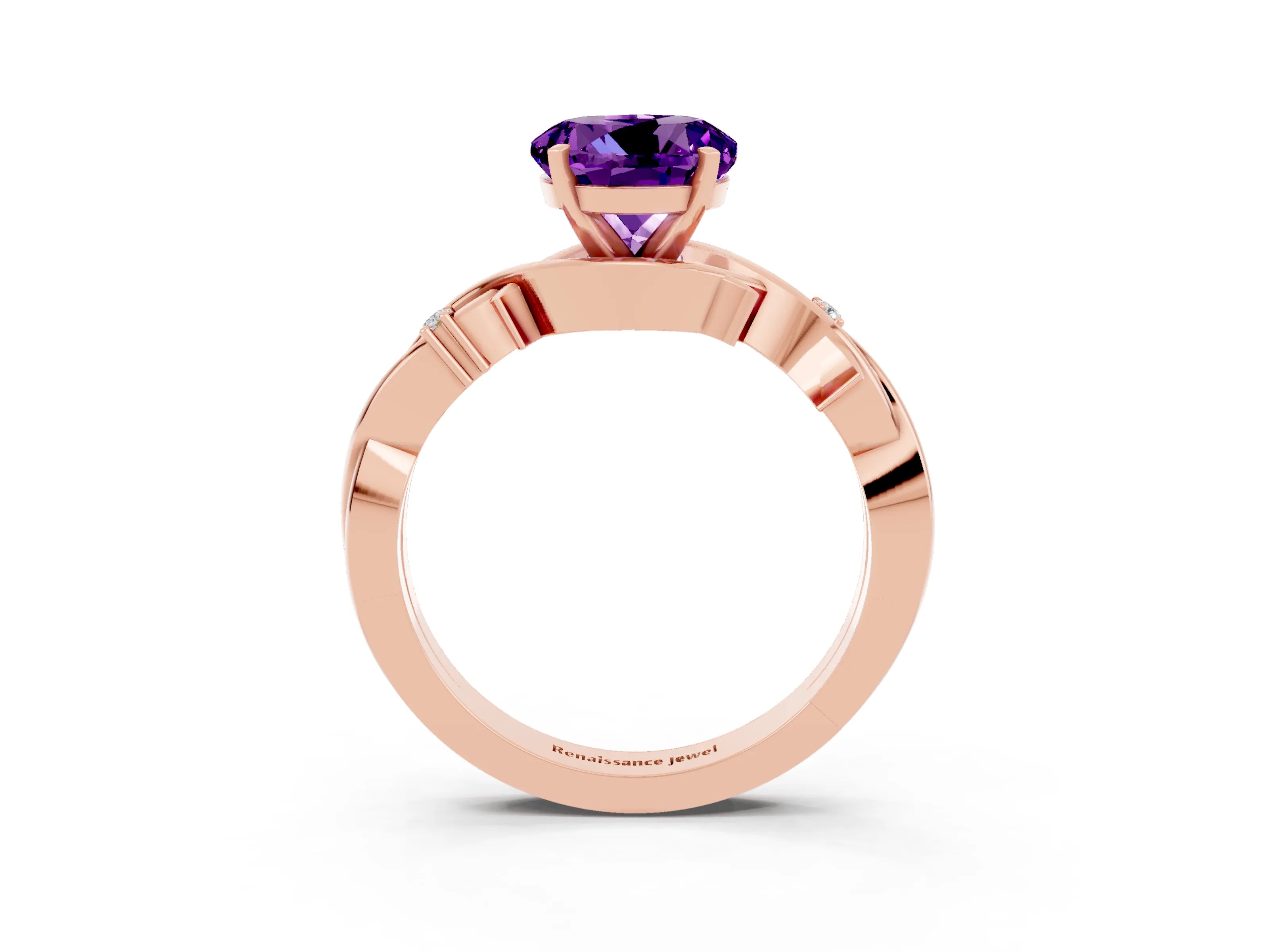 Rose gold Round Cut Amethyst Solitaire Ring with Twisted Band and Prong Setting_3