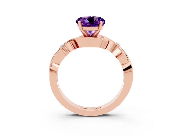 Rose gold Round Cut Amethyst Solitaire Ring with Twisted Band and Prong Setting