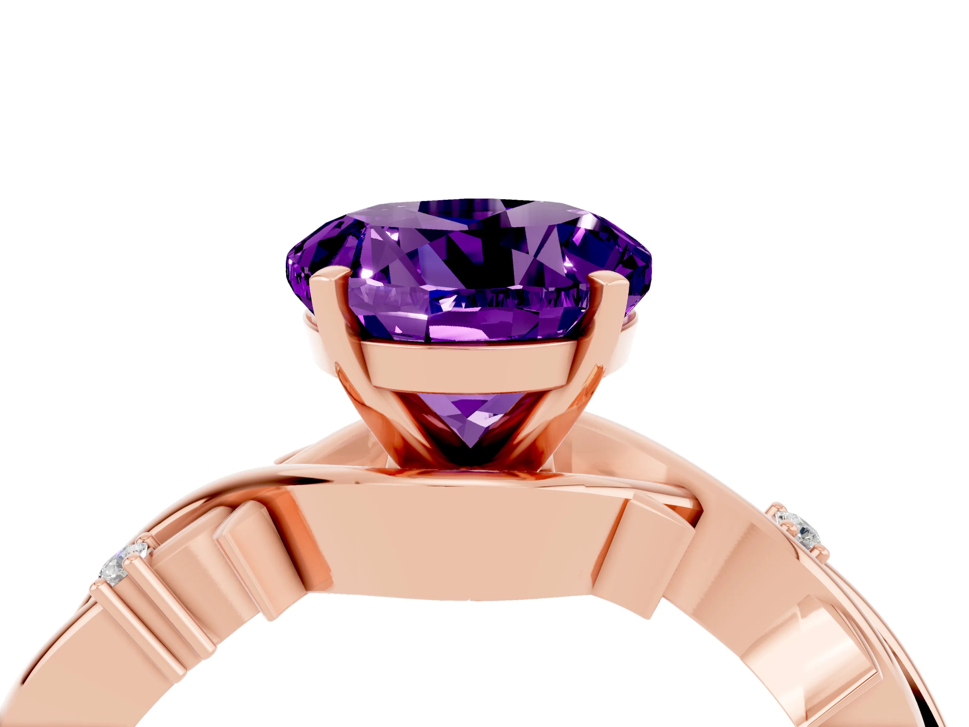 Rose gold Round Cut Amethyst Solitaire Ring with Twisted Band and Prong Setting_4