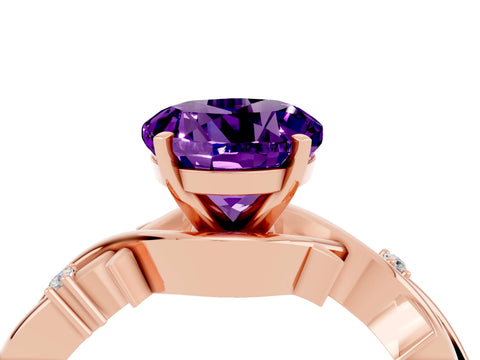 Rose gold Round Cut Amethyst Solitaire Ring with Twisted Band and Prong Setting_4