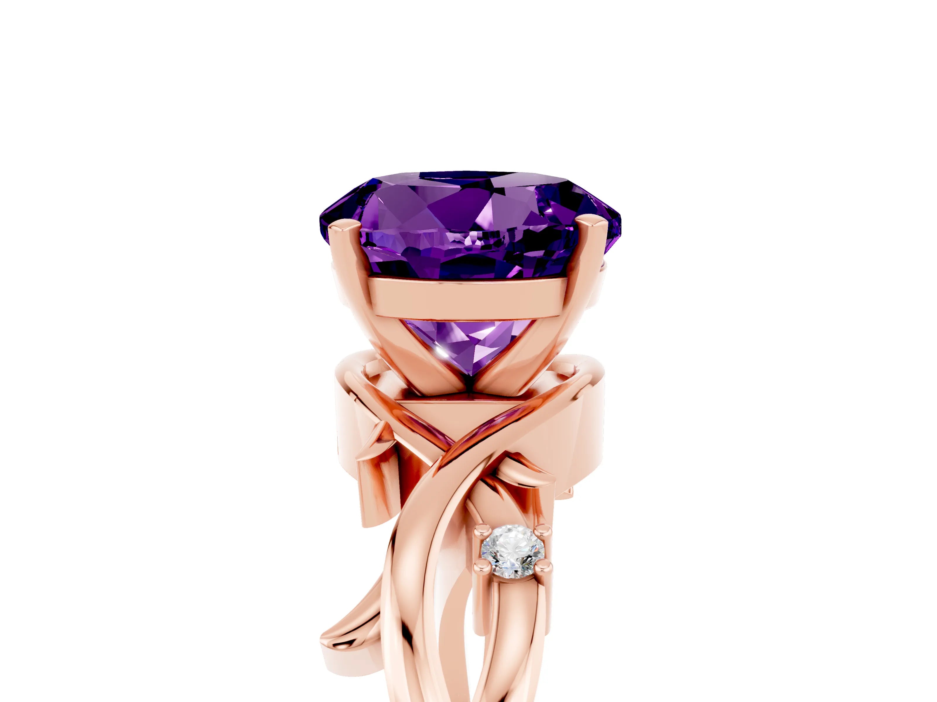Rose gold Round Cut Amethyst Solitaire Ring with Twisted Band and Prong Setting_5