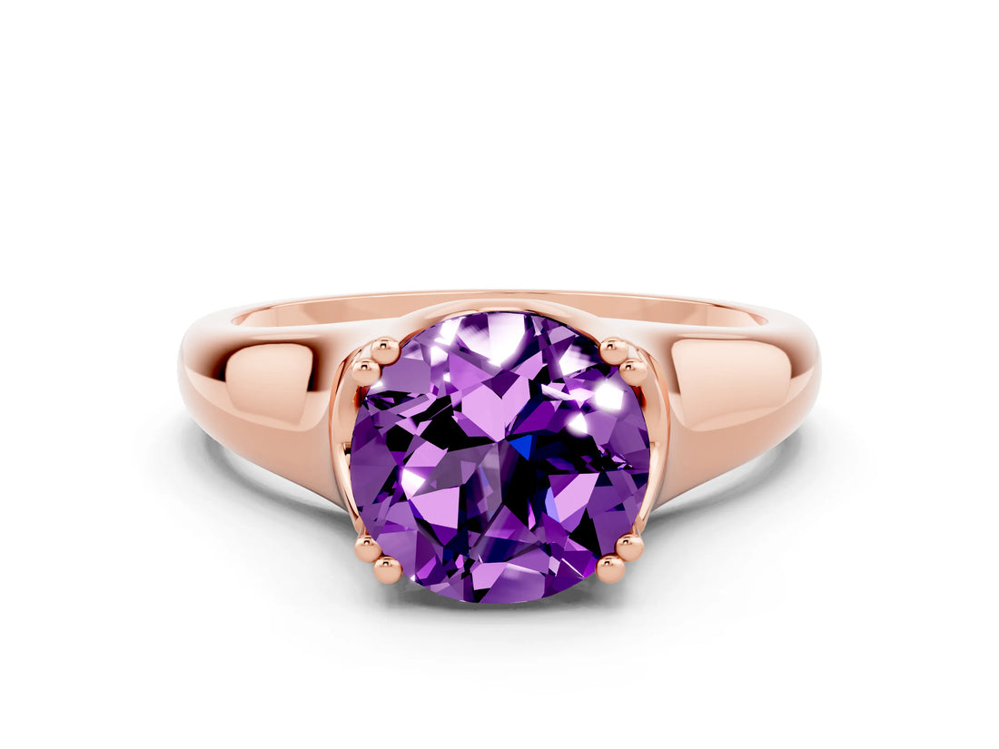Rose gold Round Cut Amethyst Solitaire Ring with Wide Band and Prong Setting