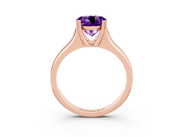 Rose gold Round Cut Amethyst Solitaire Ring with Wide Band and Prong Setting