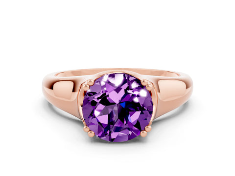 Rose gold Round Cut Amethyst Solitaire Ring with Wide Band and Prong Setting