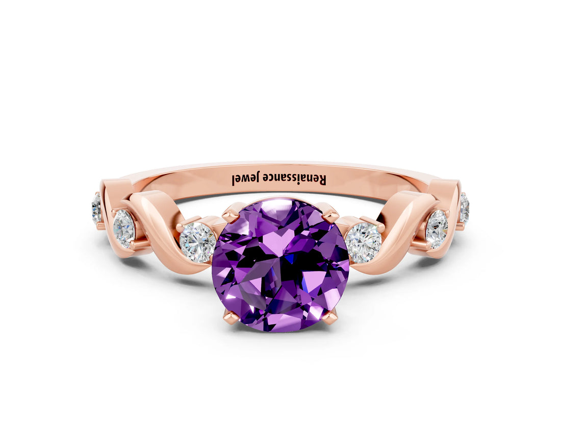 Rose gold Round Cut Amethyst Solitaire Twisted Band with Round  Accents and Prong Setting_12