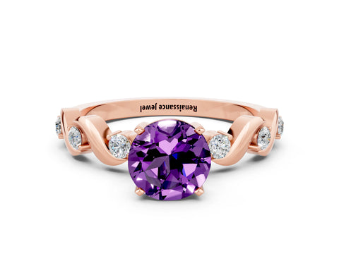 Rose gold Round Cut Amethyst Solitaire Twisted Band with Round  Accents and Prong Setting_12