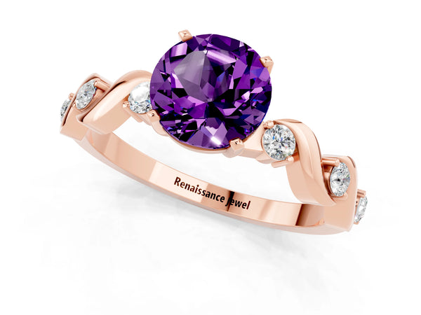 Rose gold Round Cut Amethyst Solitaire Twisted Band with Round  Accents and Prong Setting
