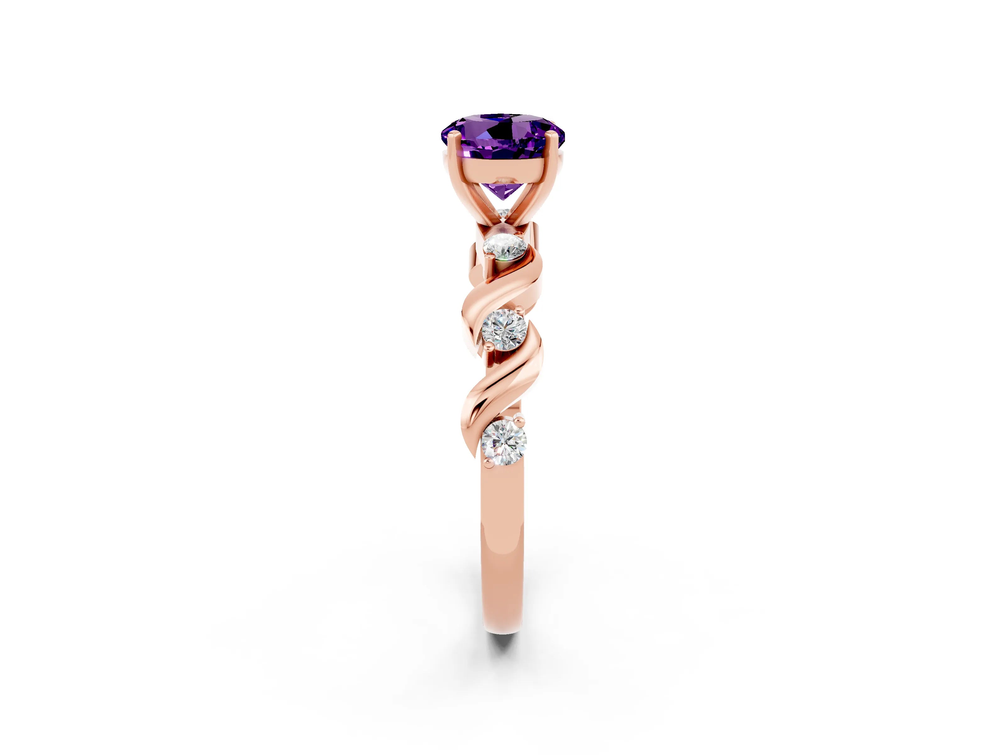 Rose gold Round Cut Amethyst Solitaire Twisted Band with Round  Accents and Prong Setting_14