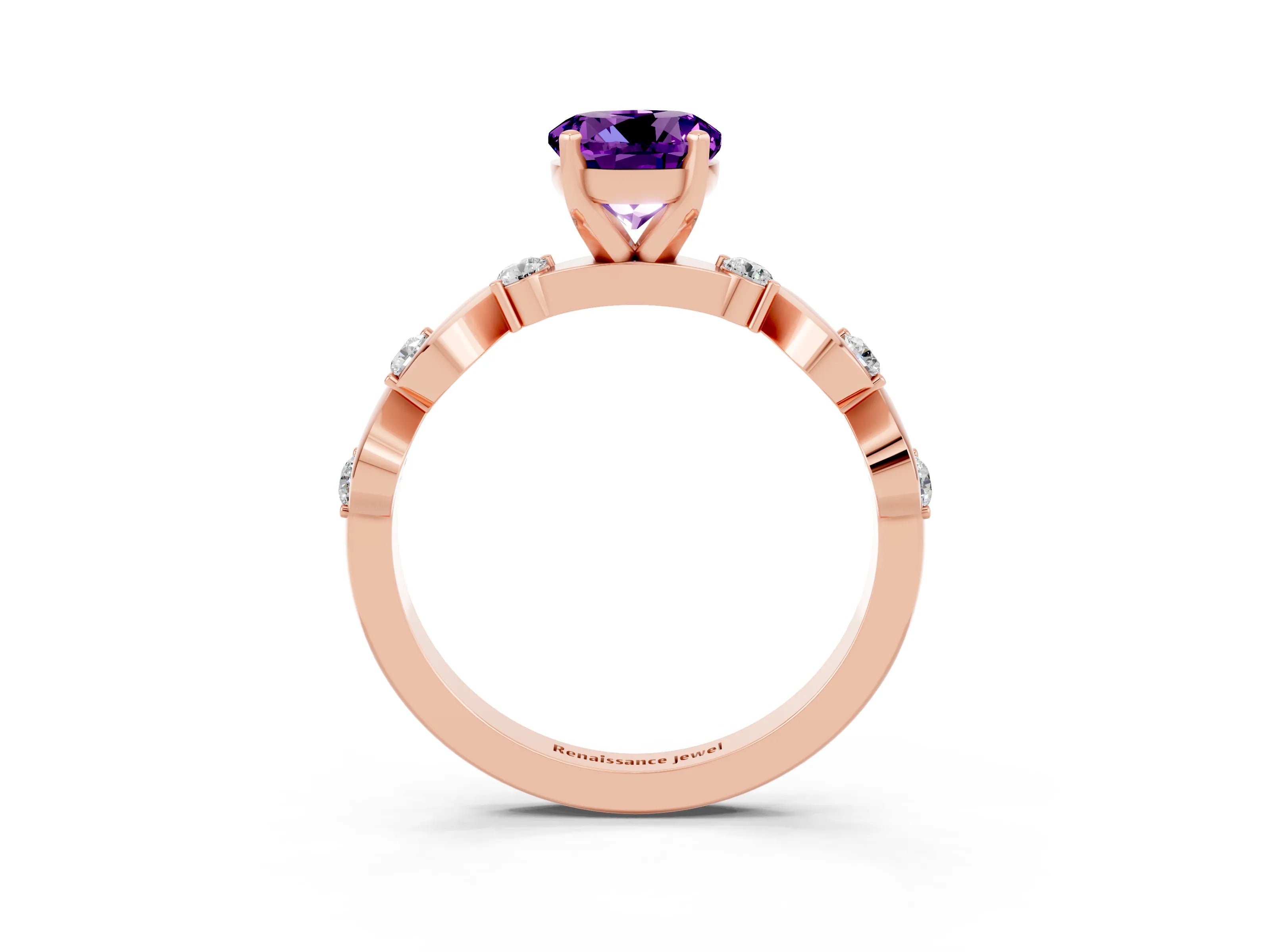 Rose gold Round Cut Amethyst Solitaire Twisted Band with Round  Accents and Prong Setting_15
