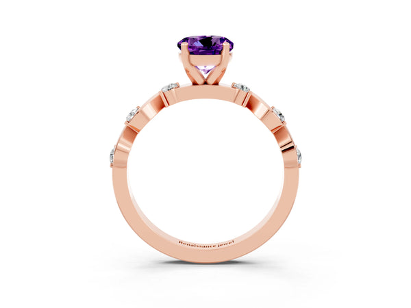 Rose gold Round Cut Amethyst Solitaire Twisted Band with Round  Accents and Prong Setting