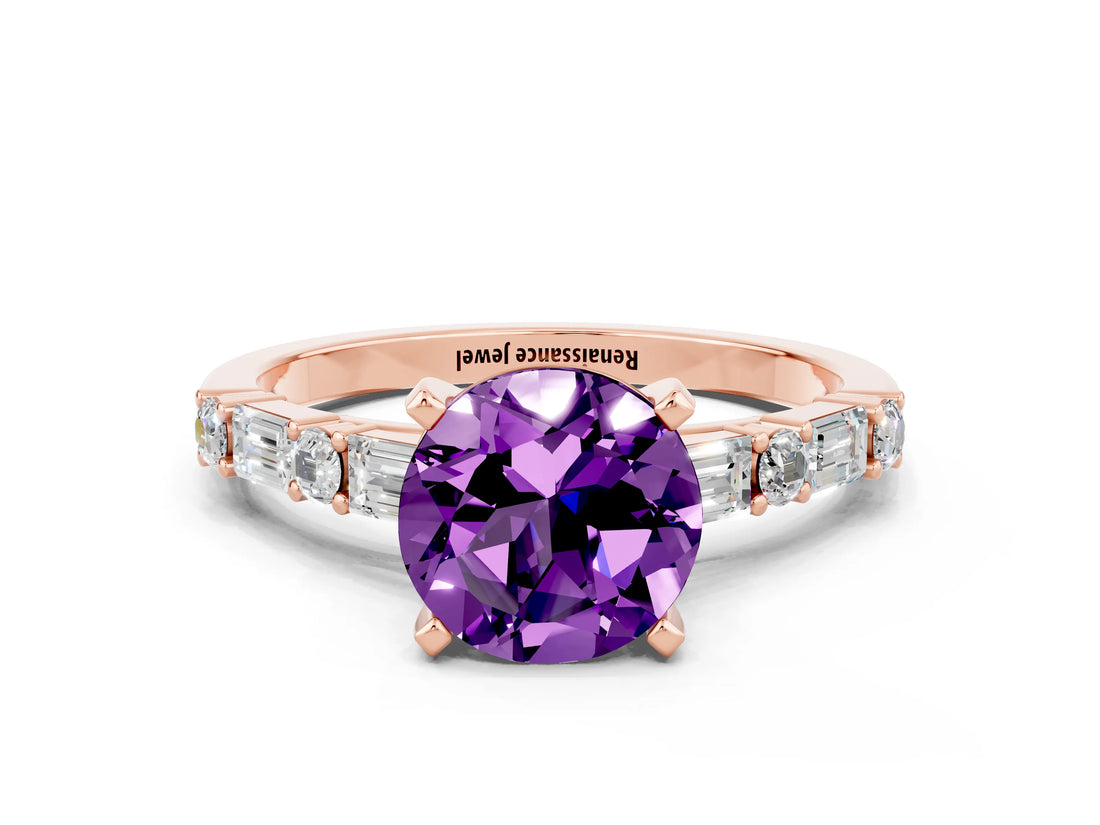Rose gold Round Cut Amethyst Solitaire with Side Baguettes and Channel Set Band