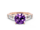 Rose gold Round Cut Amethyst Solitaire with Side Baguettes and Channel Set Band