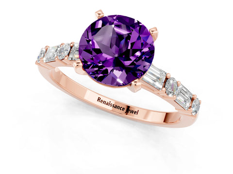 Rose gold Round Cut Amethyst Solitaire with Side Baguettes and Channel Set Band_1
