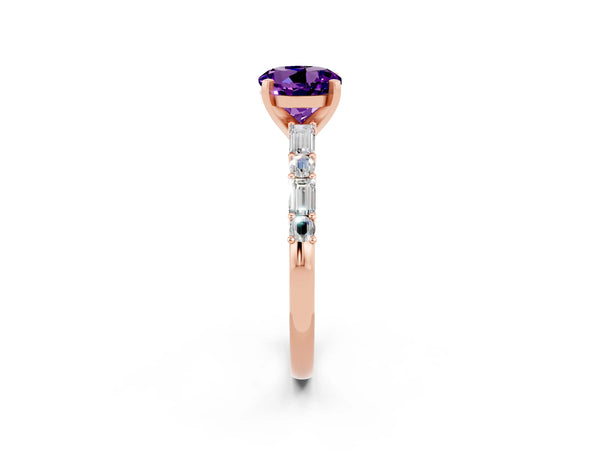 Rose gold Round Cut Amethyst Solitaire with Side Baguettes and Channel Set Band