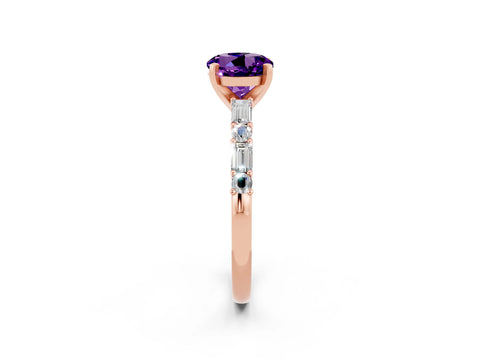 Rose gold Round Cut Amethyst Solitaire with Side Baguettes and Channel Set Band_2