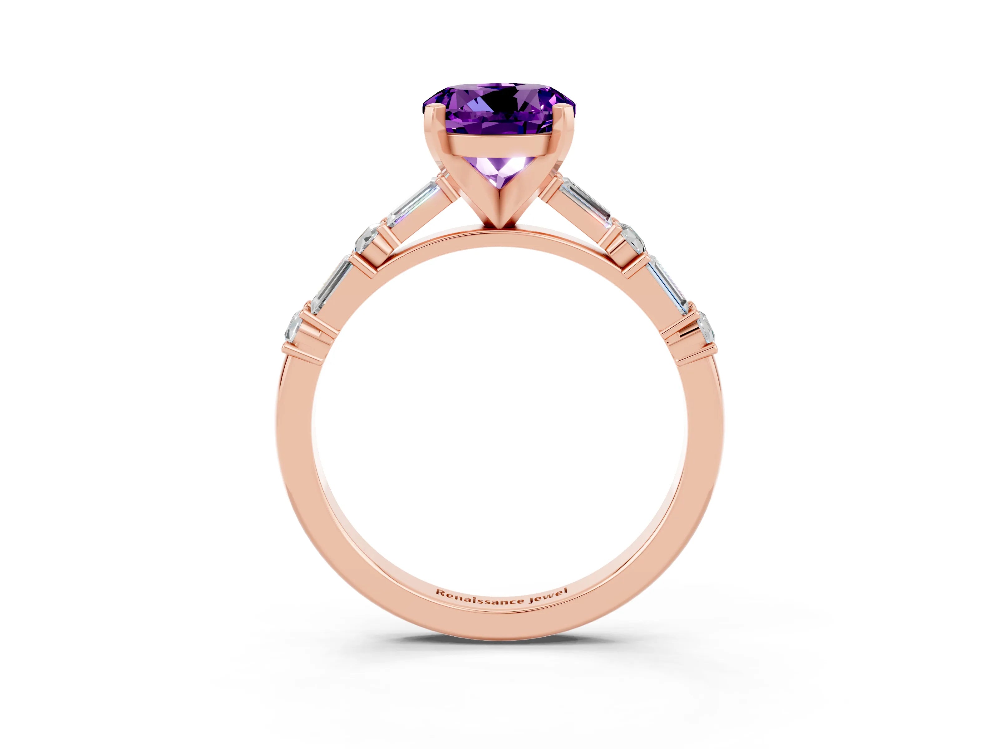 Rose gold Round Cut Amethyst Solitaire with Side Baguettes and Channel Set Band_3