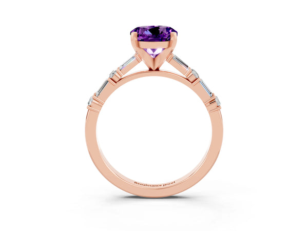 Rose gold Round Cut Amethyst Solitaire with Side Baguettes and Channel Set Band