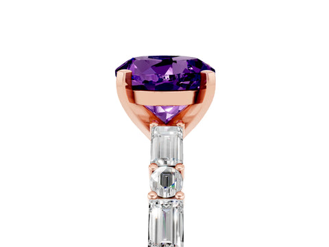Rose gold Round Cut Amethyst Solitaire with Side Baguettes and Channel Set Band_5